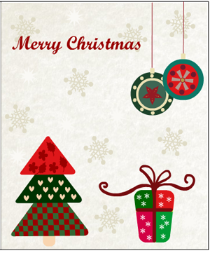 card with christmas tree, gifts and ornaments