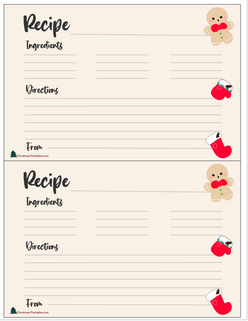 Christmas Recipe Cards Printable featurding Gingerbread man