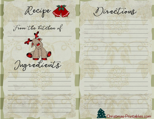 Free Printable Christmas Recipe Card with Reindeer and Bells