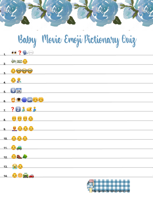 Free Printable Baby Movie Emoji Pictionary Quiz in Blue Color