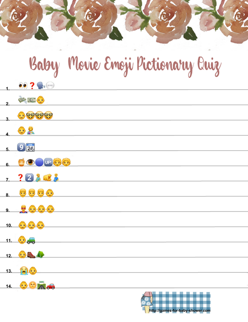 Free Printable Baby Movie Emoji Pictionary Quiz in Blush Pink Color
