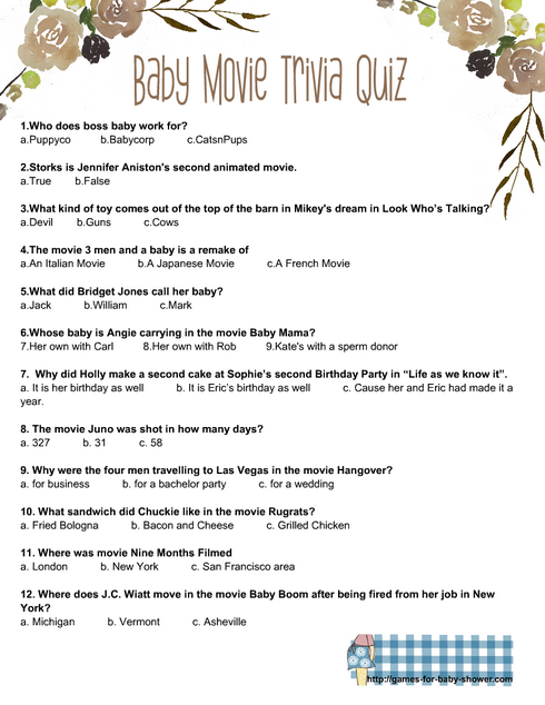 Baby Movie Trivia Quiz Printable in Brown Color