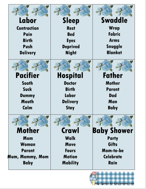 Free Printable Baby Shower Taboo Game Cards in Blue Color