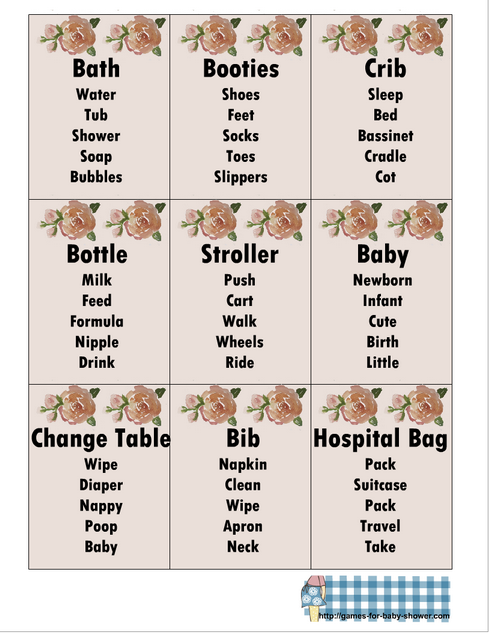 Free Printable Baby Shower Taboo Game Cards in Pink Color