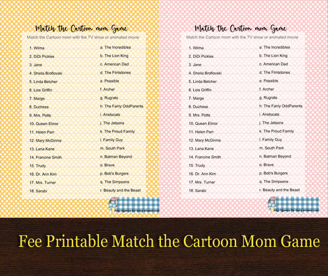 Free printable match the cartoon mom game