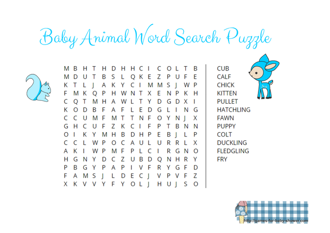 Free printable baby animal word search game in blue color