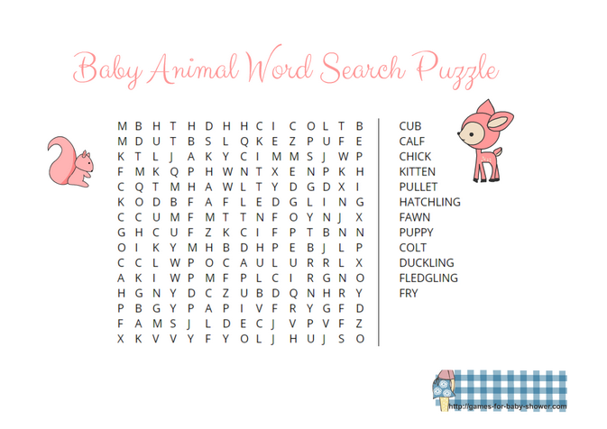 Free Printable Baby Animal Word Search Game in Pink Color