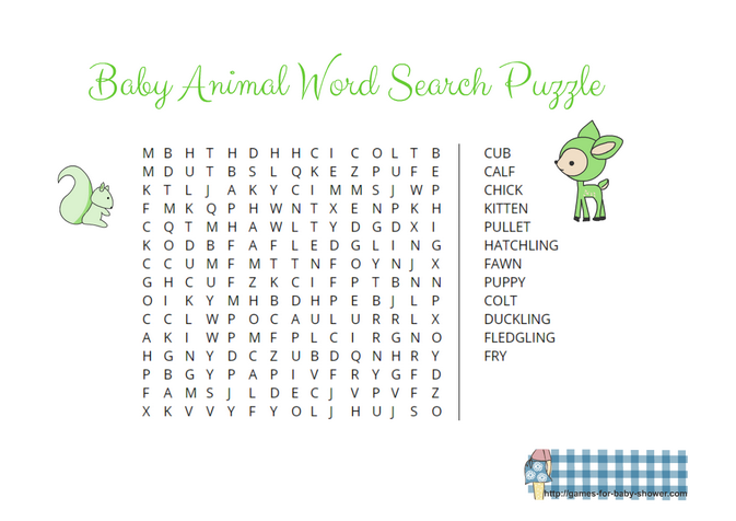 Animal Baby Word Search Printable in Green Color
