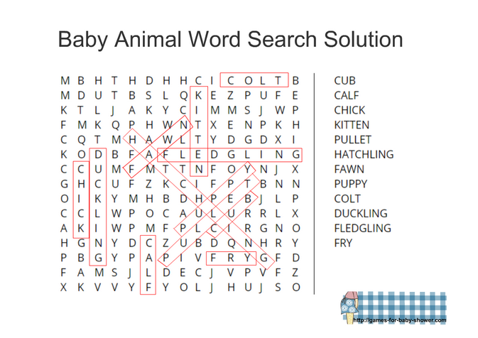 animal baby word search solution