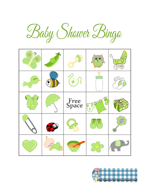 Free Printable Baby Shower Picture Bingo Game in Green Color