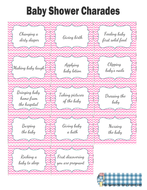 Free Printable Baby Shower Charades Cards in Pink Color