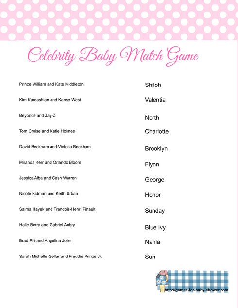 Free printable celebrity baby name matching game in Pink color