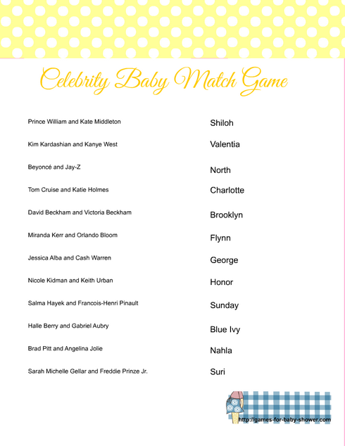 Free printable celebrity baby name game in yellow color