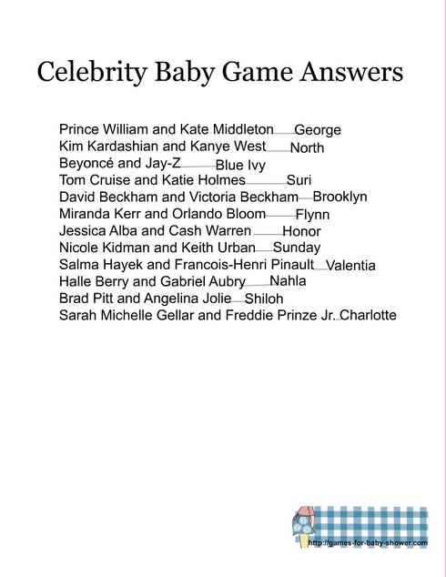 Free printable celebrity baby name game answer key