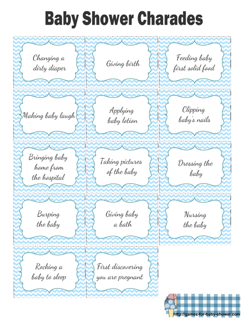 Free Printable Baby Shower Charades Clues in Blue Color
