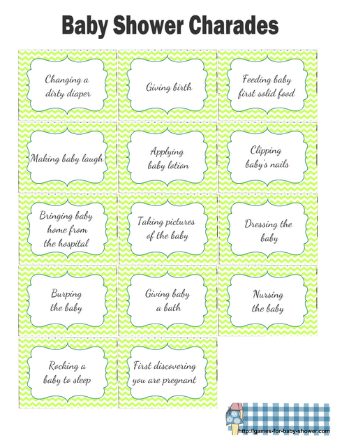 Baby Shower Charades Cards Printable in Green Color