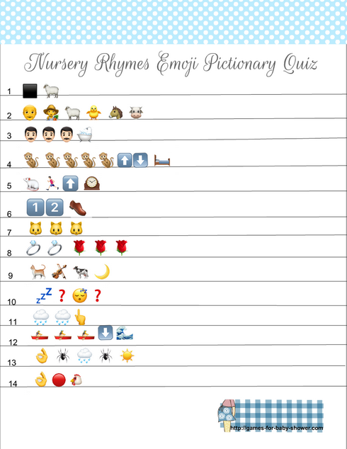 Free Printable Baby shower nursery rhymes emoji quiz in Blue Color