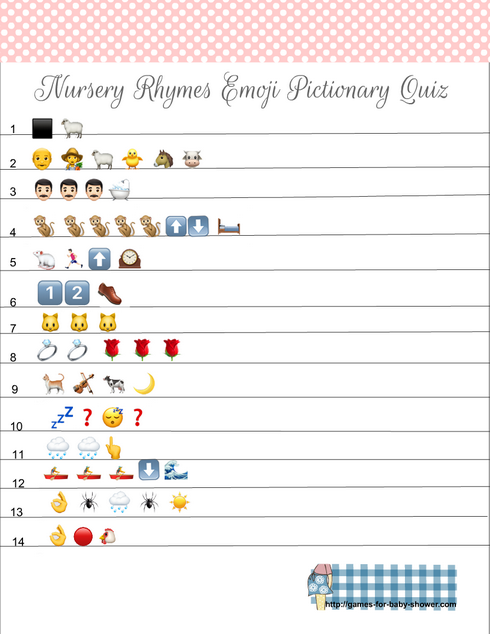 Nursery Rhymes Emoji Pictionary Quiz for Baby Shower in Pink Color