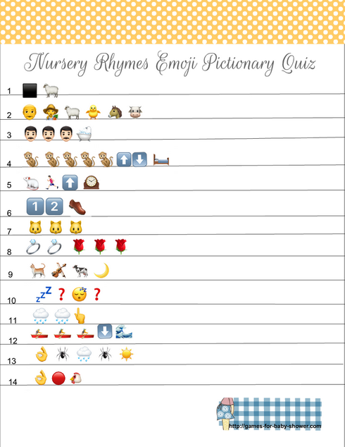 Free Printable Baby Shower Nursery Rhymes Emoji Pictionary Quiz in Yellow Color
