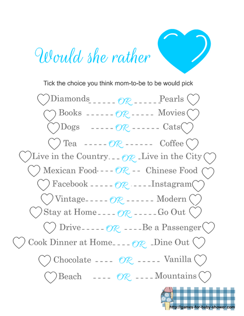 Free Printable would she rather baby shower game in blue color