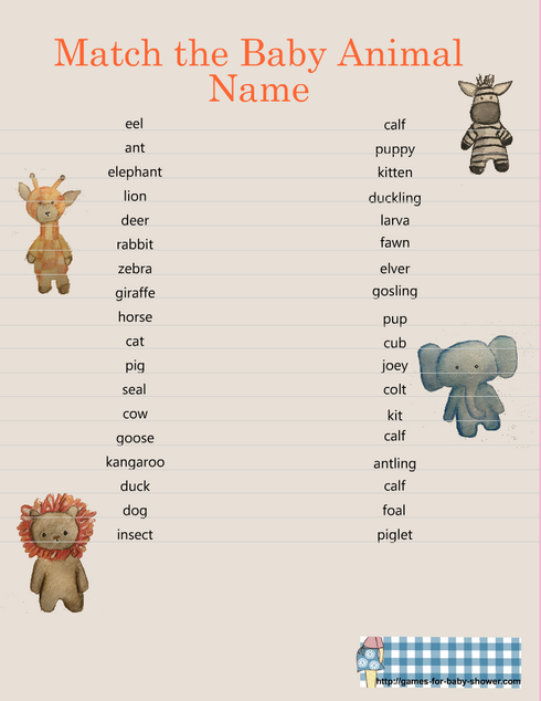Match the baby animal name game printable in orange color