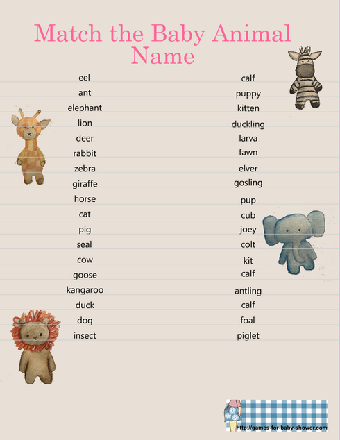 Free printable match the baby animal game in pink color