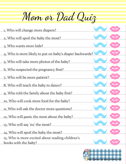 Free Printable Baby Shower Mommy or Daddy Quiz in Yellow Color
