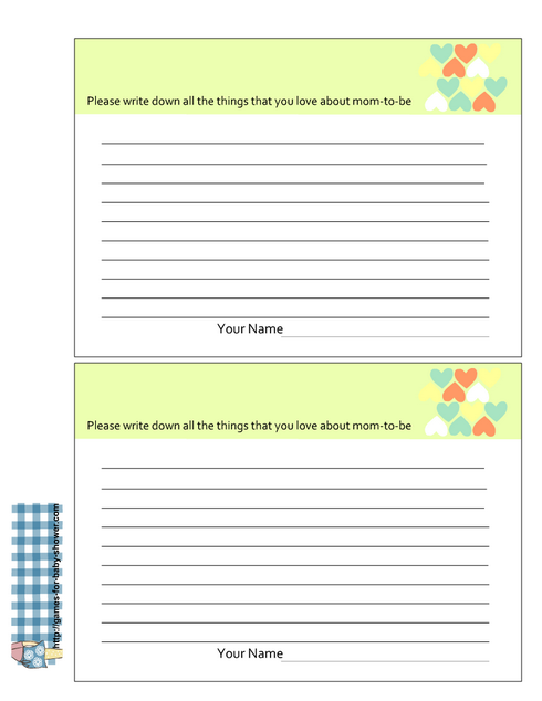 Free Printable things I love about mom to be cards in green color