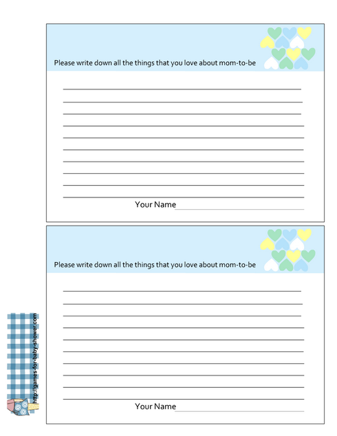 Free Printable things I love about mom to be cards in blue color