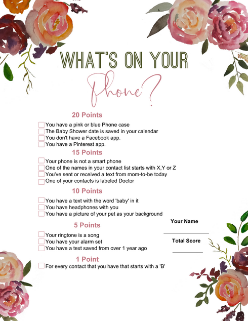 Free Printable What's on Your Phone? Floral Game