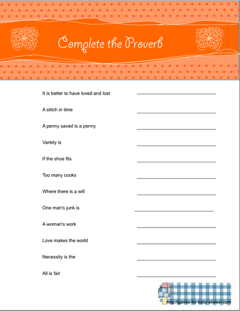 complete the proverb game for baby shower in orange color