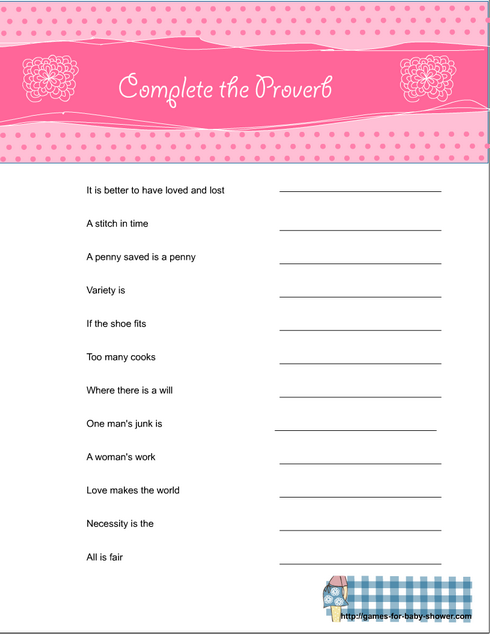 free printable baby shower complete the proverb game in pink color