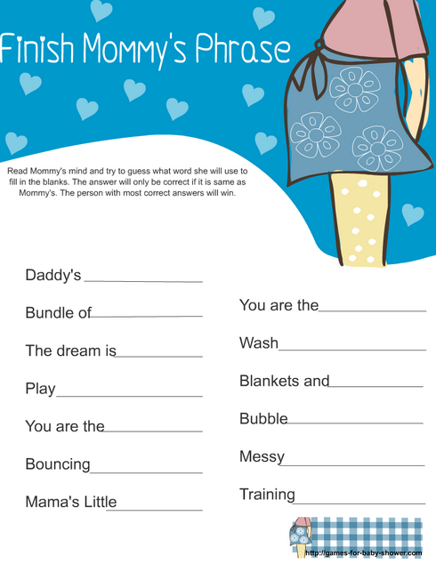 free printable baby shower finish mommy's phrase game in blue color