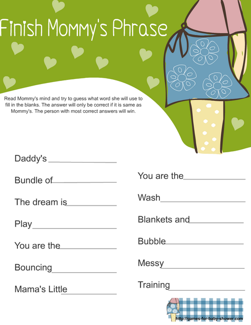 finish mommy's phrase game printable in green color
