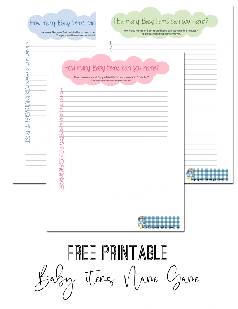 Free Printable How many baby items can you Name? Baby Shower Game