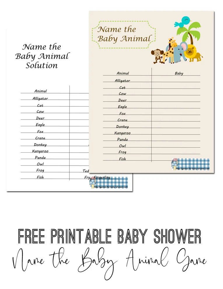 Free Printable Name the baby Animal Game for Baby Shower