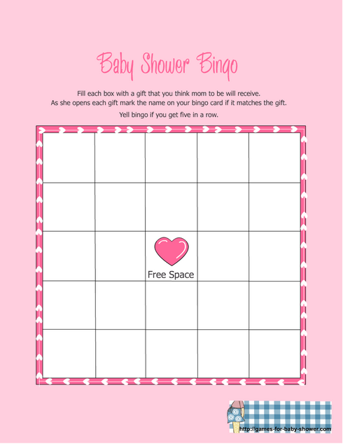 free printable baby shower gift bingo game in pink color