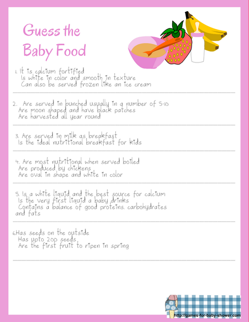 guess the baby food name game for baby shower in pink color