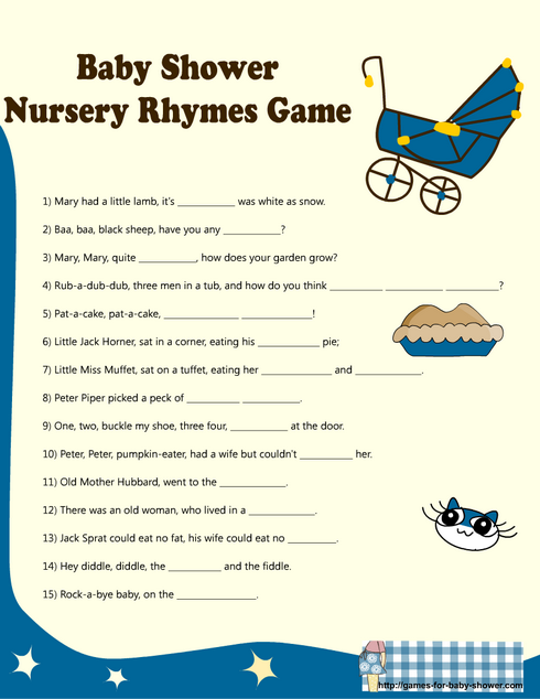 baby shower complete the nursery rhyme game printable in blue