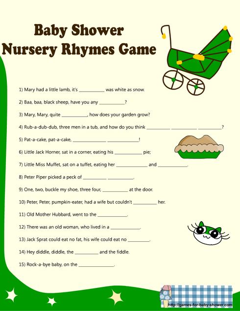 Nursery rhyme game for baby shower in green color