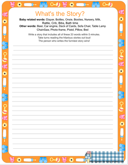 free printable what's the story game for baby shower in orange color