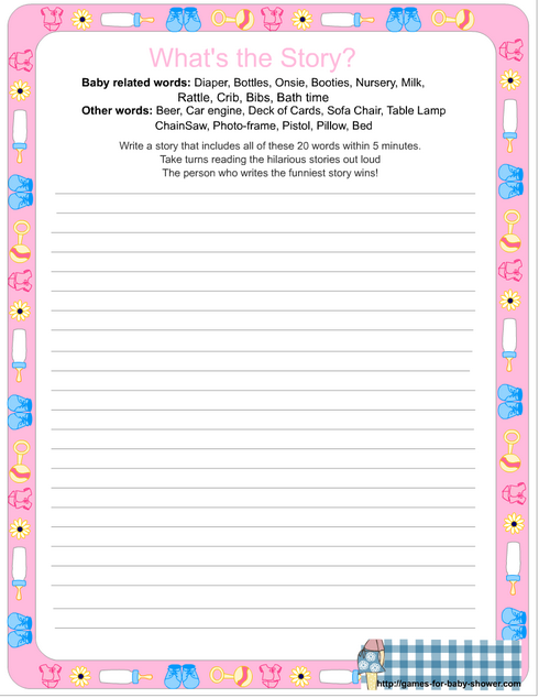 free printable whats the story baby shower game in pink color