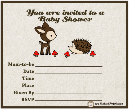 free printable woodland baby shower party invitation featuring hedgehog and deer