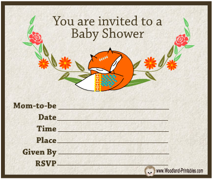 Cute Fox (Free Prinatble Woodland Baby Shower Party Invitations) 