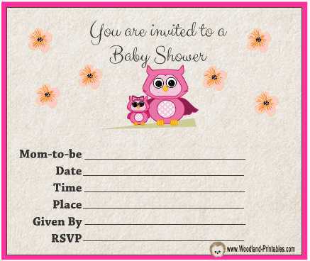 Free Printable Owl themed Girl Baby Shower Party Invitations
